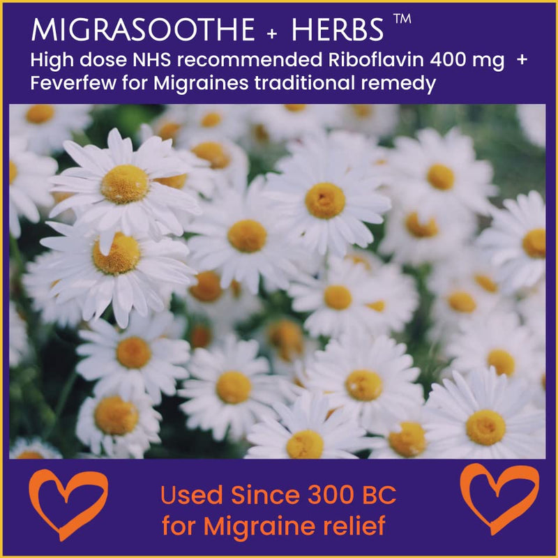 Migraine Relief Feverfew + Ginger + Vitamin B2 Riboflavin 400mg per Capsule - Migrasoothe + Herbs NHS Recommended Ingredients UK Made Stress, Headaches Tremors & Energy Vegan. Vitamin B2 400 [30] 30 - NewNest Australia
