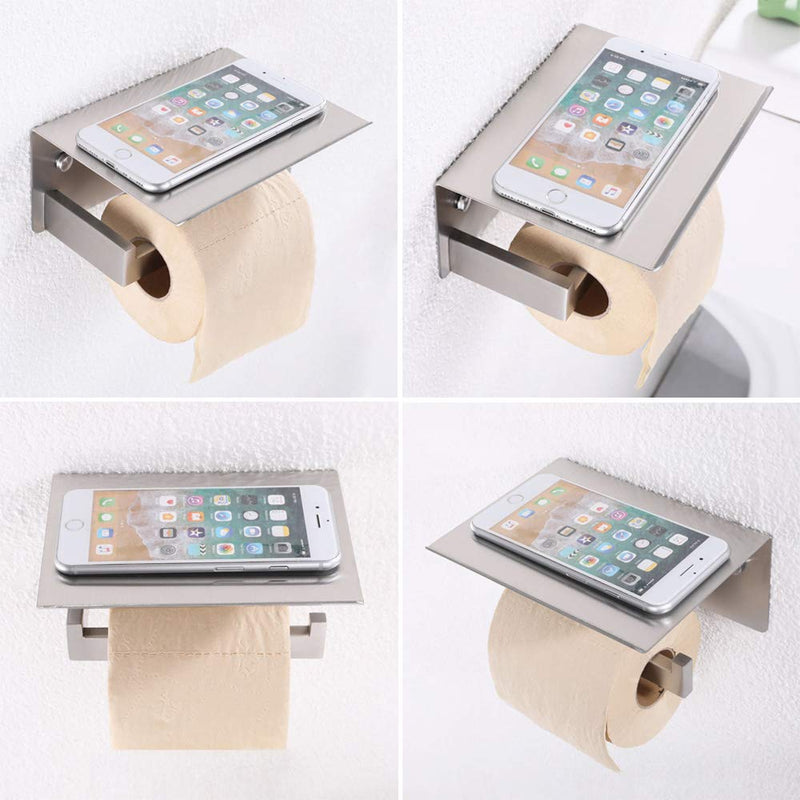 Toilet Paper Holder with Phone Shelf Brushed Nickel, APLusee Bathroom Accessories SUS 304 Stainless Steel Tissue Roll Dispenser Storage Wall Mounted - NewNest Australia