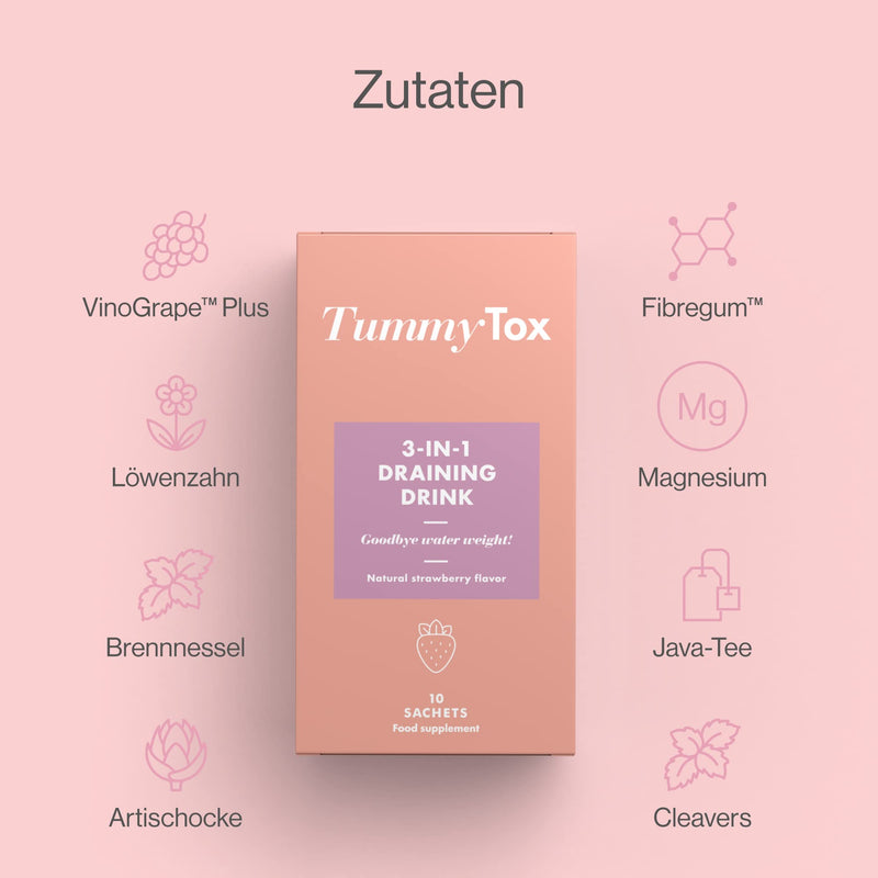 Tummytox 3-In-1 Dewatering Drink - Detox - Strawberry Drink With Cactinea, Magnesium, Dandelion - 9 Powerful Plant Ingredients - 30 Bags For 30 Days With Free E-Book - NewNest Australia