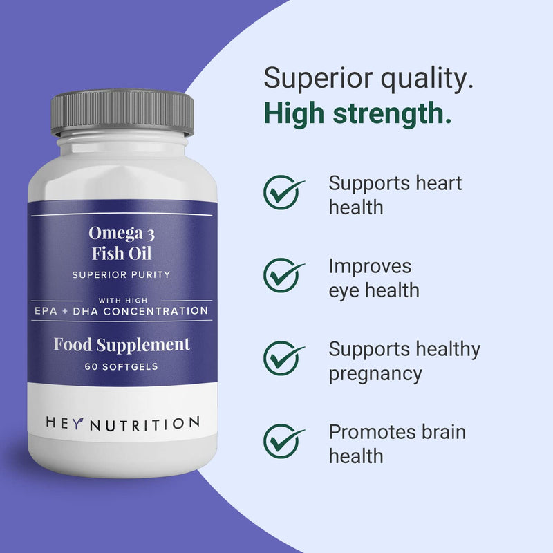 Hey Nutrition Pure Omega-3 Fish Oil 2000mg with Vitamin E - Maintains Heart, Joint, Brain & Immunity Support - Men & Women - 60 Capsules & Non GMO 60 Count (Pack of 1) - NewNest Australia