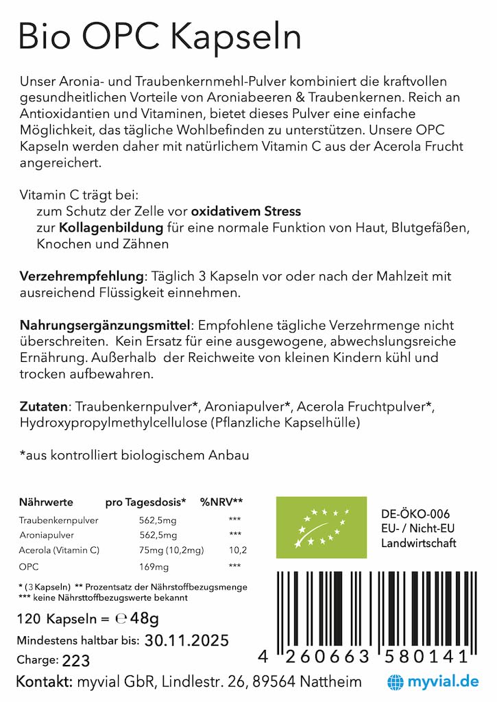 Organic OPC grape seed + aronia powder + organic vitamin C (acerola) capsules 120 pieces vegan high dosage 420mg per capsule from German grapes Laboratory tested from Germany Vegan - NewNest Australia