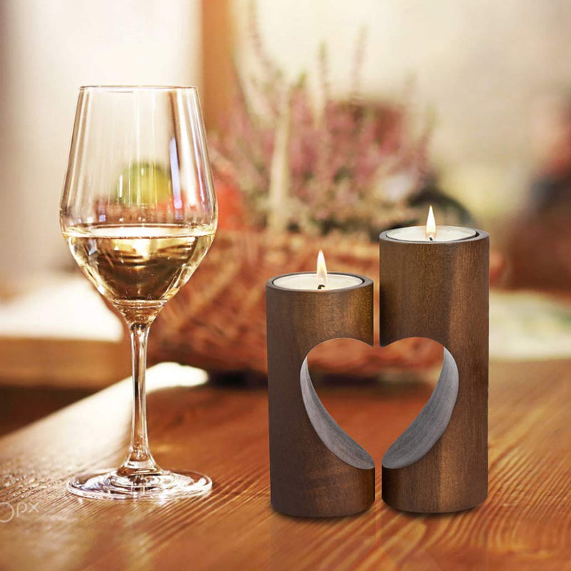 NewNest Australia - ChasBete Romantic Tea Light Candle Holders Decorative, Wood Tealight Candle Holder Set of 2 Unity Heart Pedestal for Home Décor Tealight Holder Dark 