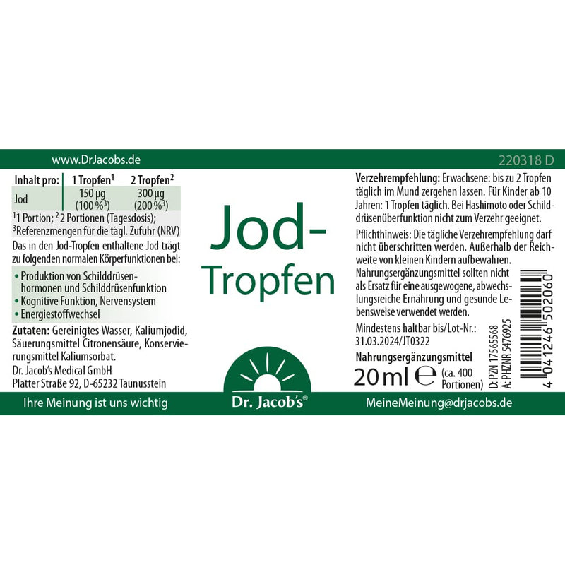 Dr. Jacob's iodine drops I 20 ml, 400 drops of 150 µg each I Vital trace element I For energy metabolism & thyroid¹ I For thinking skills & nervous system² I Easy to dose - NewNest Australia