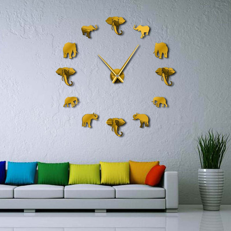 NewNest Australia - The Geeky Days Jungle Animals Elephant DIY Large Wall Clock Home Decor Modern Design Mirror Effect Giant Frameless Elephants DIY Clock Wall Watch (Gold) Gold 