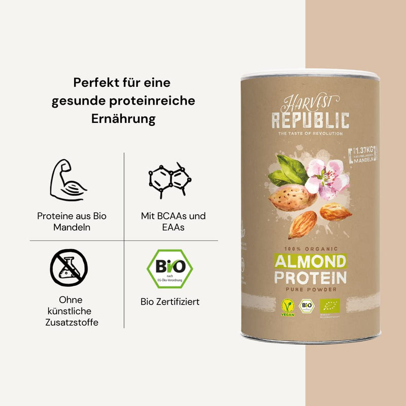 HARVEST REPUBLIC Organic Almond Protein Powder, 1 x 550 g, 50% Protein Content, Organic Food, Well Soluble, Creamy - NewNest Australia