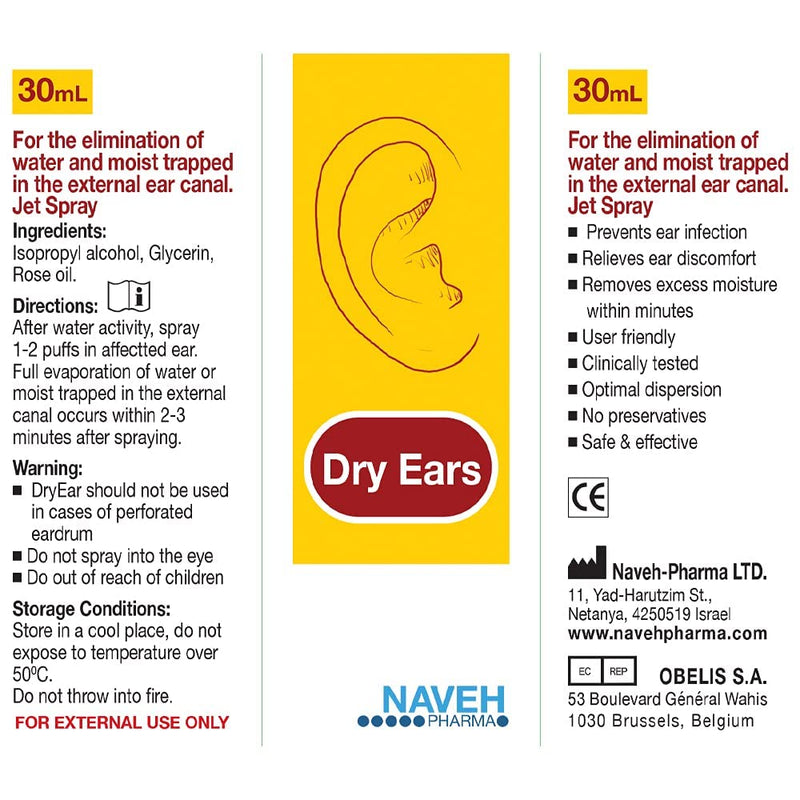 NAVEH PHARMA Dry Ears -Swimmers Ear Drops Spray - Ear Drying Drops for Swimmers Adults and Kids/Remove Water Trapped in Ears and Prevent Pain, Infection, and Hearing Loss (30 ML) - NewNest Australia