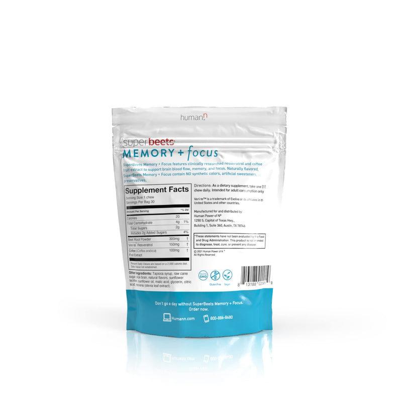 HumanN SuperBeets Memory + Focus Chews - Helps Support Brain Health & Alertness - SuperBeets Nootropic Supplement with Resveratrol & Beet Root Powder, Blueberry Pomegranate Flavor, 30 Soft Chews - NewNest Australia