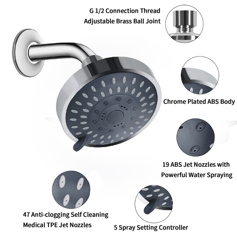 Briout Shower Head, High Pressure Shower Heads 4.1 Inch 5 Settings Rain High Flow Fixed Showerhead for Luxury Shower Experience Even at Low Water Pressure, Chrome - NewNest Australia