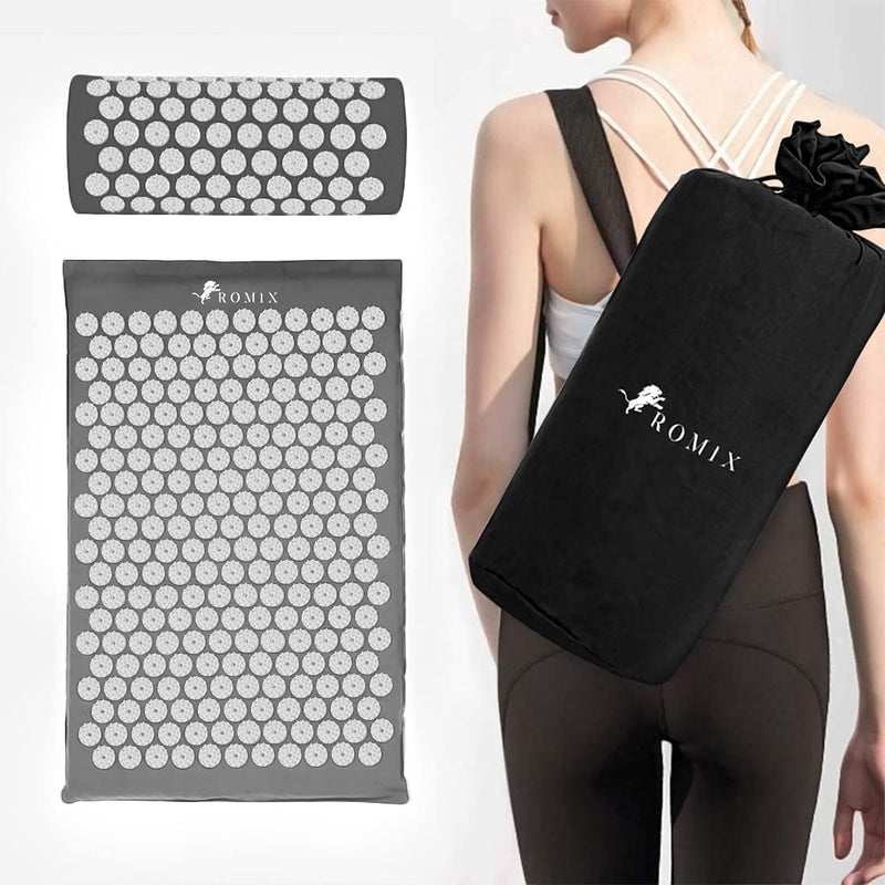 ROMIX Acupressure Mat and Pillow Set, Acupuncture Mat for Back, Neck, Feet Pain Relief Muscle Relaxation Stress Reduction Wellness Therapy, Spike Massage Mattress with Carry Bag for Men Women Grey - NewNest Australia