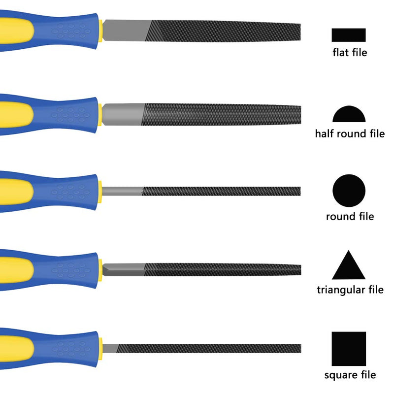 KALIM 5Pcs 6'' High Carbon Steel File, Rasp Set with Soft Rubber Non-slip Handle, Round/Half Round/Flat/Triangle/Squre, Grinding Hand Tool Set for Wood, Metal, Plastic, etc. 6'' File Length with Handle - NewNest Australia