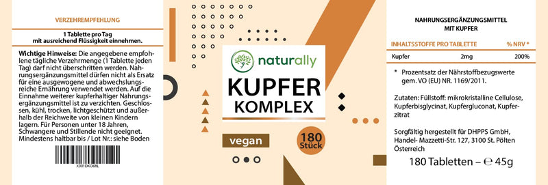 naturally 2mg copper tablets - 180 tablets, complex with copper bisglycinate, copper gluconate and copper citrate, copper supplement, without additives, vegan, laboratory tested - NewNest Australia