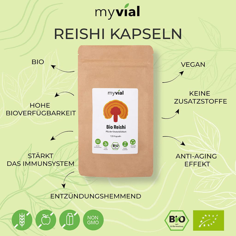 Myvial Organic Reishi Capsules Pack Of 120 Vegan 60 Days Supply 400 Mg Per Capsule - Natural Reishi Mushroom 100% Vegetable Plastic-Free Packaging - Ganoderma Lucidum Shiny Lacquer Porling - NewNest Australia