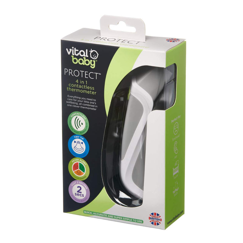Vital Baby PROTECT 4 in 1 Contactless Thermometer - Different Modes Including Forehead, Ear, Room and Liquid - LCD Display - Colour Change Fever Alert - No Touch Temperature Checker Gun - NewNest Australia