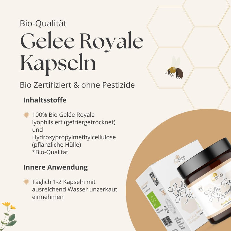 Bedrop Royal Jelly Capsules Organic Quality 60 Capsules - 1 Capsule = 980 Mg Pure Royal Jelly, 10-Hda Content <4.8% - Royal Jelly Rich In Polyphenols & Flavonoids - NewNest Australia