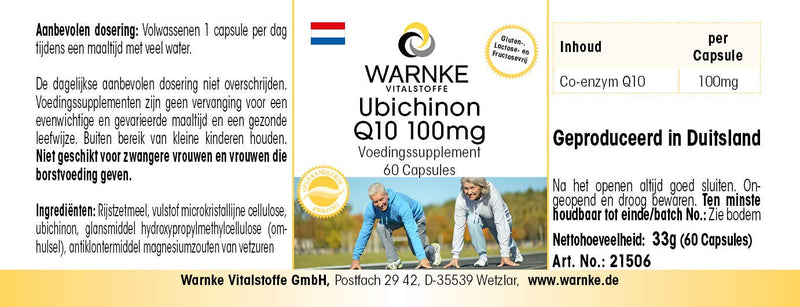Coenzyme Q10 100mg - CoQ10 capsules - high dose - ubiquinone - 60 capsules - vegan | Warnke vital substances - NewNest Australia
