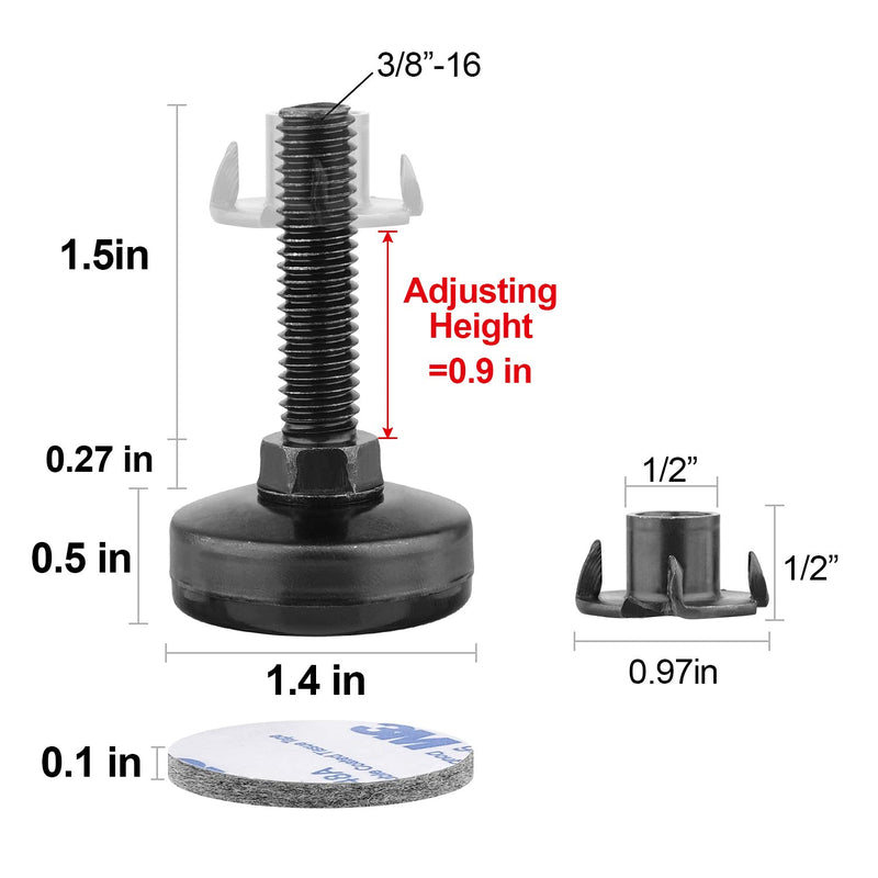 Furniture Levelers Heavy Duty Furniture Leveling Feet Adjustable Leg Levelers for Cabinets Sofa Tables Chairs Raiser, Support 1320LBs, T- Nut Kit 3/8”-16 Thread, Large Base - 4 Pack,Black 4pack - NewNest Australia