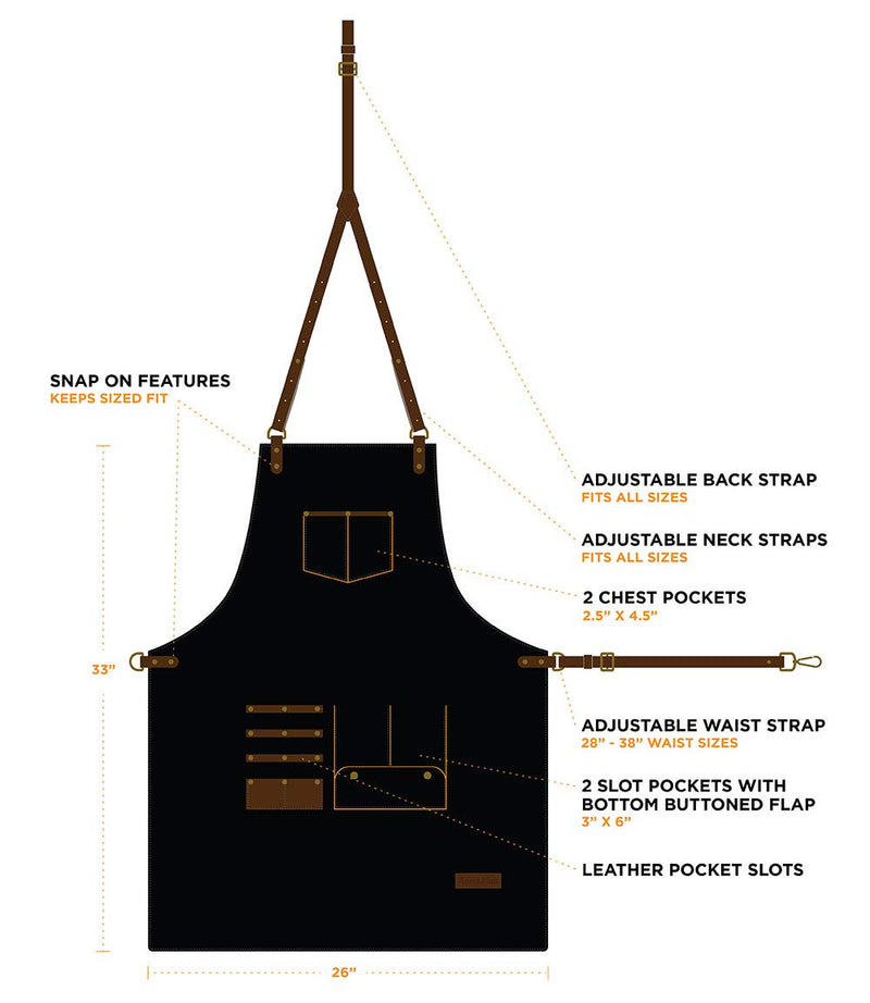 Professional Barber Apron - Waterproof PUL 14oz Fabric with Leather Straps and Accents - Premium Black Stylist Apron with Slot Pockets for Scissors and Tools - Comfort Fit Back Straps - NewNest Australia