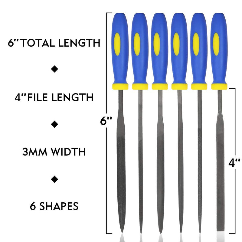 MINI Needle File Set (Carbon Steel 6 Piece-Set) Hardened Alloy Strength Steel - Set Includes Flat, Flat Warding, Square, Triangular, Round, and Half-Round File(6'' Total Length) - NewNest Australia