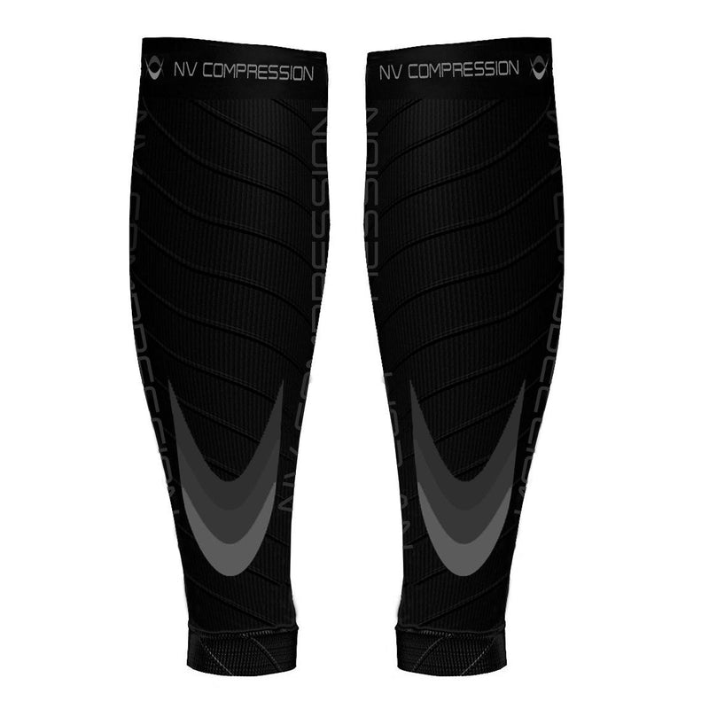 NV Compression Essential Race and Recover Calf Guards/Sleeves (PAIR) 20-30mmHg - For Sports Recovery, Shin Splints, Medical, Work, Flight - Running, Cycling, Gym (Bk/Grey Chevrons, S-M) Black/Grey Solid Chevrons S-M (12-16" / 30-41cm) - NewNest Australia