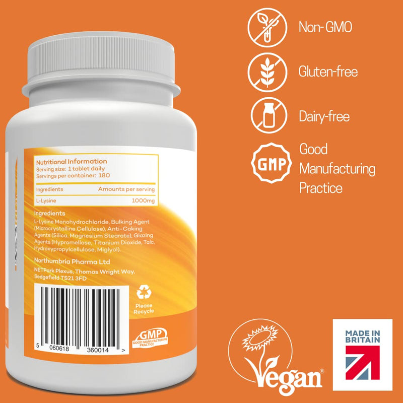 L-Lysine 1000mg High Strength - 180 Vegan Tablets (6 Month Supply) - L-Lysine Essential Amino Acid Supplement - Normal Growth and Muscle Turnover - Made in The UK by Northumbria Health - NewNest Australia