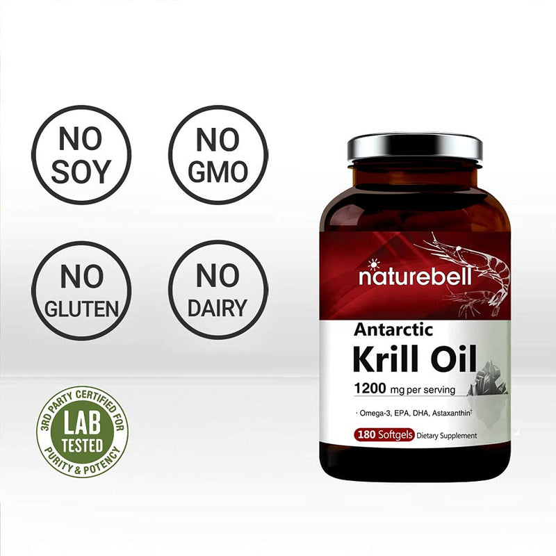 Triple Strength Antarctic Krill Oil Supplement, 1200mg Per Serving, 180 Softgels, Source of Natural Omega 3, EPA, DHA and Astaxanthin, Heart Health Supplement With No Fish Oil Aftertaste, Mercury Free 180 Count (Pack of 1) - NewNest Australia