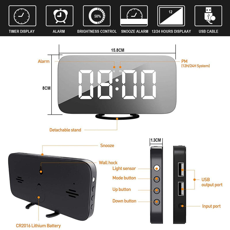 NewNest Australia - EVILTO Modern Alarm Clock with USB Charger Ports Digital Mirror Alarm Clock Best Decorative for Table Bedroom Wall LED Time Clock Unique Square Alarm Clocks Plug in Clock with Charging Plug 