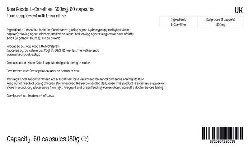 Now Foods L-Carnitine, 500mg, Carnipure®, 60 vegan capsules, laboratory tested, gluten-free, vegetarian, soy-free, non-GMO - NewNest Australia
