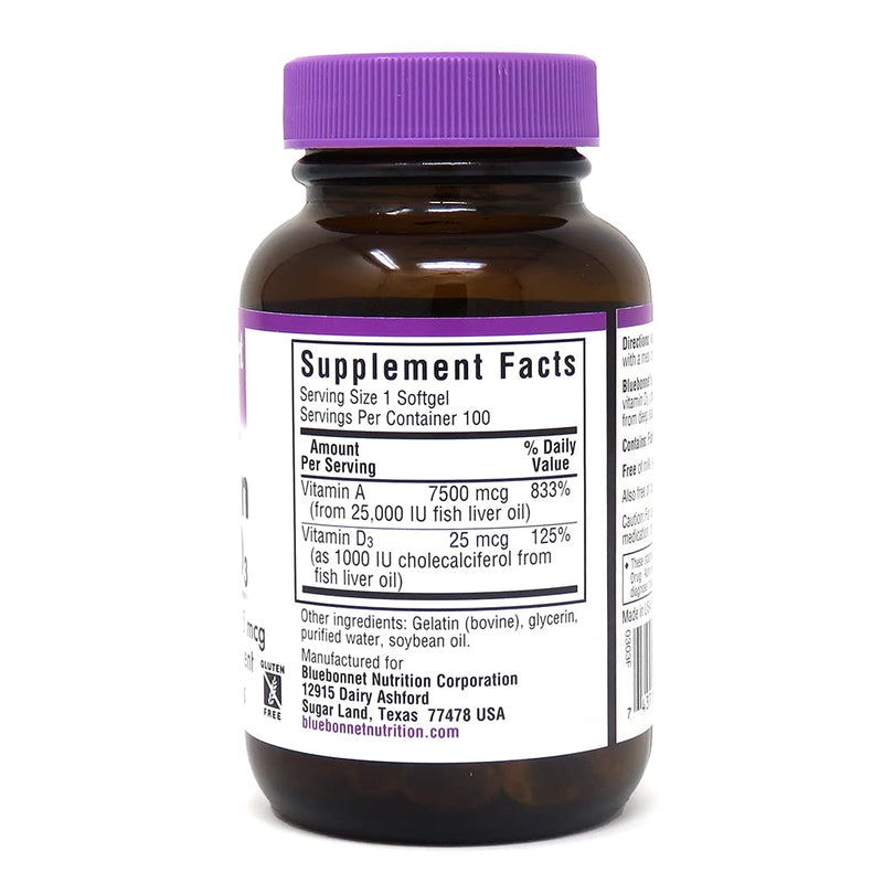 Bluebonnet Nutrition Vitamin A & D3 25,000 IU/1,000 IU from Deep Sea, Cold Water, Fish Oil - For Eye Health & Immune Function* - Gluten Free - Dairy Free - Molecularly Distilled - 100 Softgel/Servings - NewNest Australia