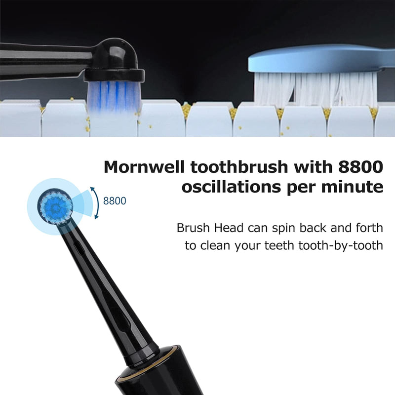 Mornwell Rotatry Electric Toothbrushes, Sonic Toothbrush with Rechargeable 4 Hours Charge Minimum 15 Days Use 3 Optional Modes 2 Replacement Heads Black for Adults & Kids (Over 8 Years Old) - NewNest Australia