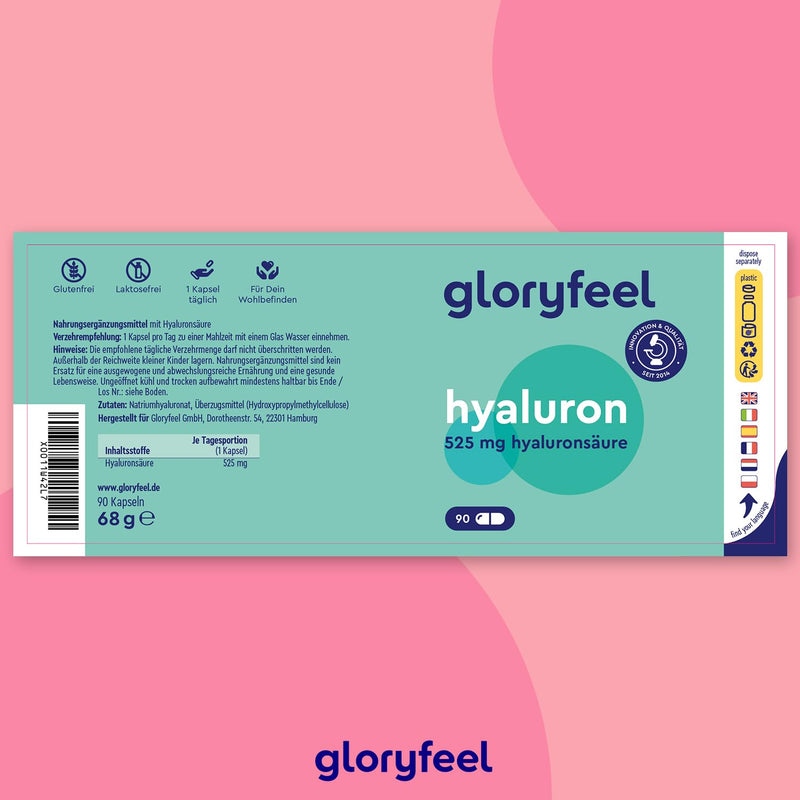 Hyaluronic acid capsules - High dose with 525mg - 500-700 kDa - 90 vegan capsules - Laboratory tested, vegan and made in Germany without additives - NewNest Australia