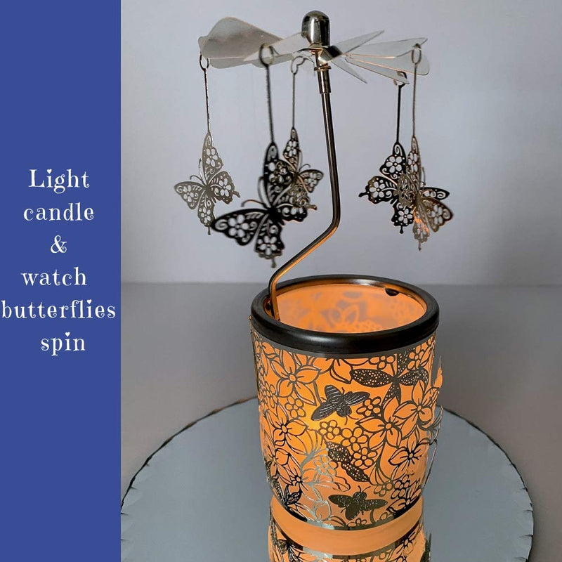 NewNest Australia - Butterfly Candle Holder - Silver Metal Rotating Spinning Butterflies with Flowers and Bees - Spinner Scandinavian Designs - 6 ¼ Inch Tall 