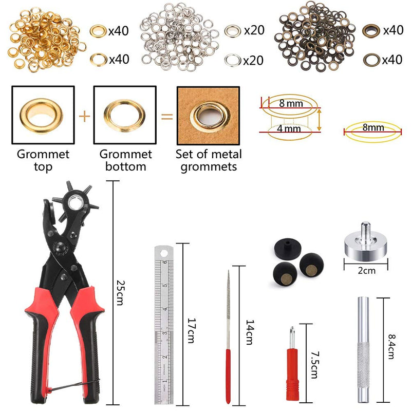 Leather Hole Punch Tool for Belt - Multi Hole Sizes Puncher for Belts, Watch Bands, Straps, Dog Collars, Saddles, Shoes, Fabric, DIY Home or Craft Projects - with 5/32" Grommet Eyelet Kit 100 Sets 02-Black/Red - NewNest Australia