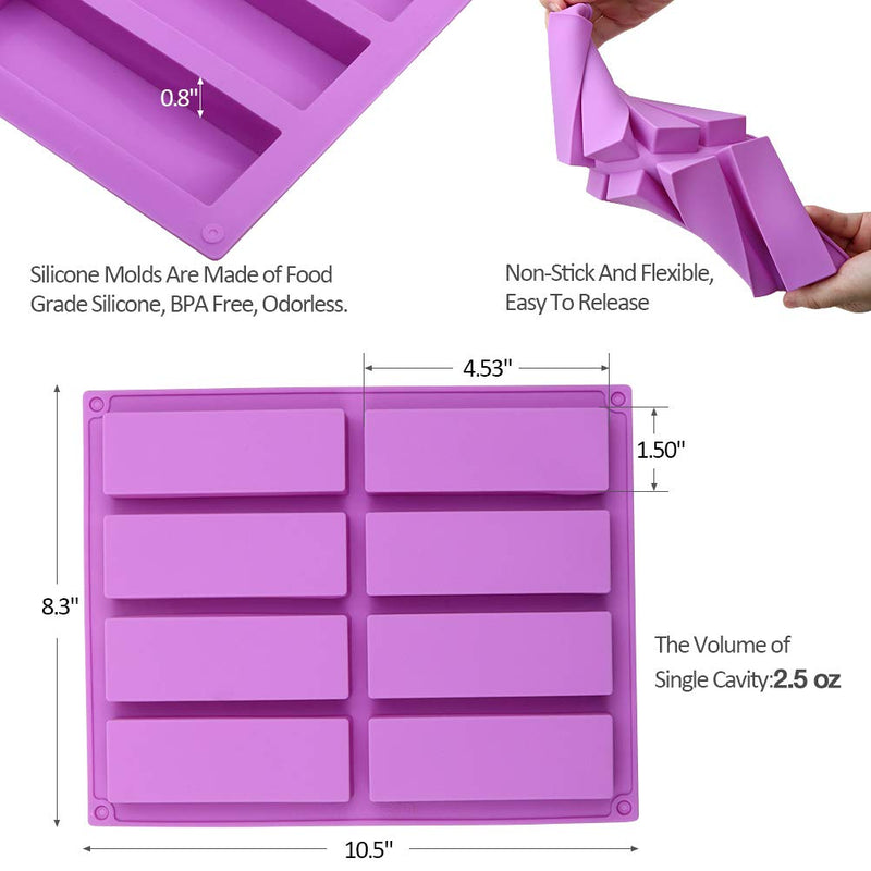 NewNest Australia - 2 Pcs Large Rectangle Silicone Mold, Cereal Bar Molds, 8 Cavities Energy Bar Maker Baking Pan for Muffin Brownie Cornbread Cheesecake Pudding Cake and Soap, 10.5x 8.35x 0.8 Inch 