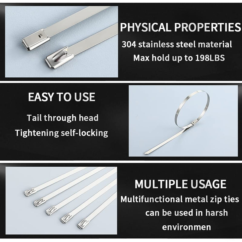 Metal Zip Ties 11.8 inch 100pcs 304Stainless steel Heavy duty Multi-purpose Self-locking Cable Ties Suitable for in machinery, vehicles, farms, pipes, roofs,cables, as well as Outdoor binding - NewNest Australia