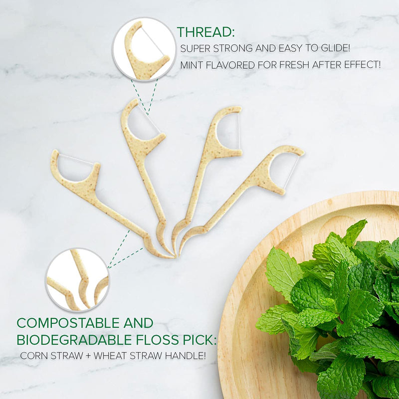 Natural Dental Floss Picks - Eco Friendly Cruelty Free & Vegan Tooth Flossers Pick Set with Biodegradable and Compostable BPA Free Handle & Zero Waste Packaging - 200 Pack (Mint) Mint - NewNest Australia