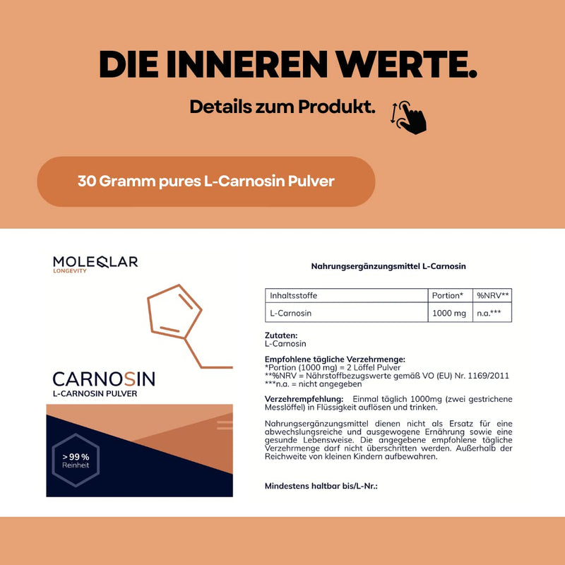 Moleqlar L-Carnosine Powder High Dosage | 30 Grams Of Pure Vegan Carnosine Powder | 1000 Mg L-Carnosine Per Serving | Against Age'S And Ale'S | Including Measuring Spoon | Certified Purity - NewNest Australia