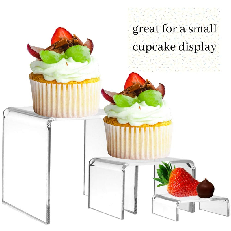 NewNest Australia - BANBERRY DESIGNS Clear Acrylic Display Risers - Set of 3 Assorted Sized Tabletop Stands - Transparent Retail Shelf Fixtures - Jewelry Food Candy Makeup Perfume Pedestals 