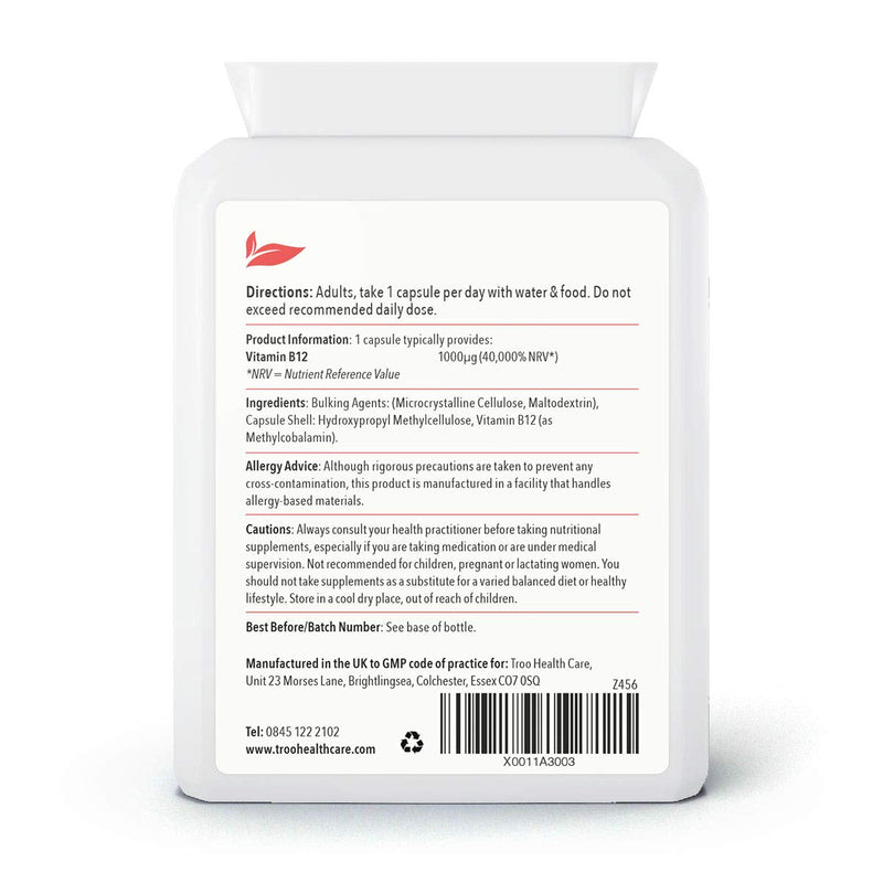 Vitamin B12 Methylcobalamin Supplement 1 mg - 120 Easy Swallow Daily Capsules - High Strength 1000 mcg per Capsule – Energy and Nervous System Support - UK Manufactured to GMP Standards - NewNest Australia