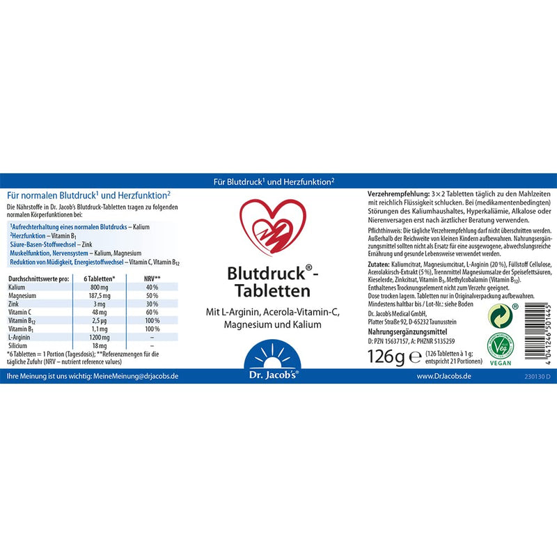 Dr. Jacob'S Blood Pressure Tablets 126 G I For Normal Blood Pressure¬_, Heart¬≤ And Vessels ¬≥ I With Vegetable L-Arginine - 1200 Mg Per Serving I With Magnesium, Potassium, Acerola Vitamin C, B1 + B12 - NewNest Australia