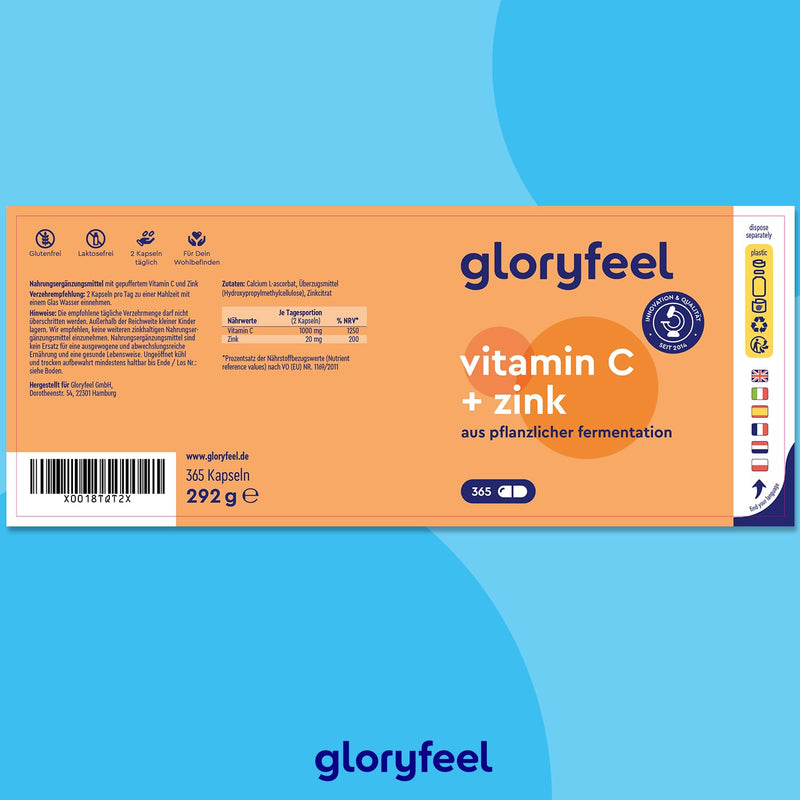 Vitamin C + Zinc - 365 Vegan Capsules - 1000 Mg Buffered Vegetable Vitamin C (Acid-Free And Stomach Friendly) Plus 20 Mg Zinc Per Daily Dose - Laboratory Tested Without Additives Made In Germany. - NewNest Australia