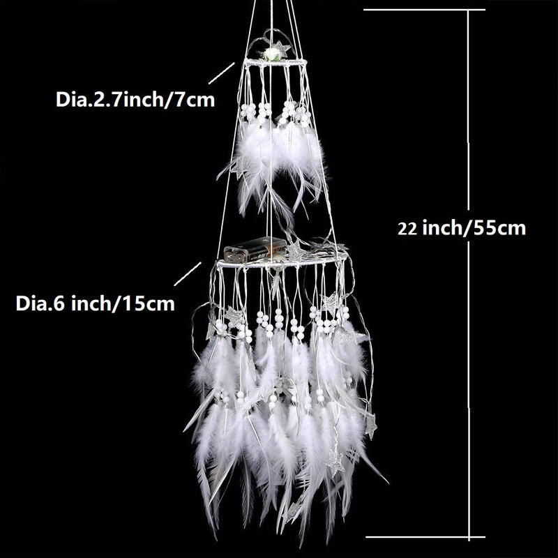 NewNest Australia - Alynsehom Dream Catcher White Feather Light Up LED Star Fairy String Lights Double Circle Dreamcatcher Wedding Wall Hanging Nursery Kids Bedroom Baby Tent Decoration 