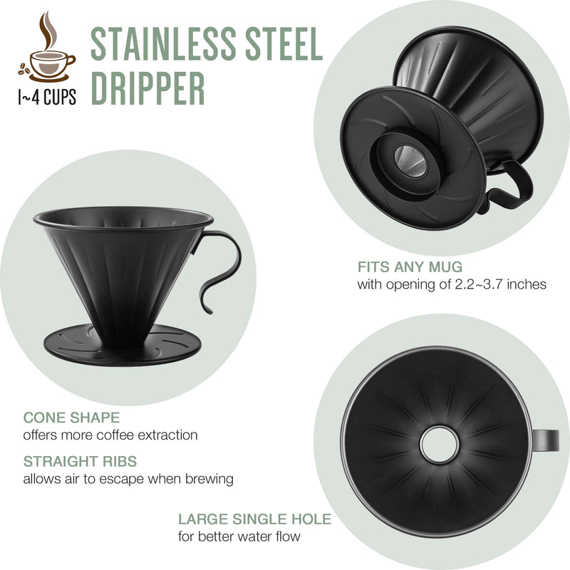 Soulhand Pour Over Coffee Brewer Set Dripper 2-3 Cups with Black Stainless Steel Filter and Manual Coffee Kettle，with 50pc Filter Paper&BPA-Free Glass Drip Sever High Heat Resistance Brewer 17oz - NewNest Australia