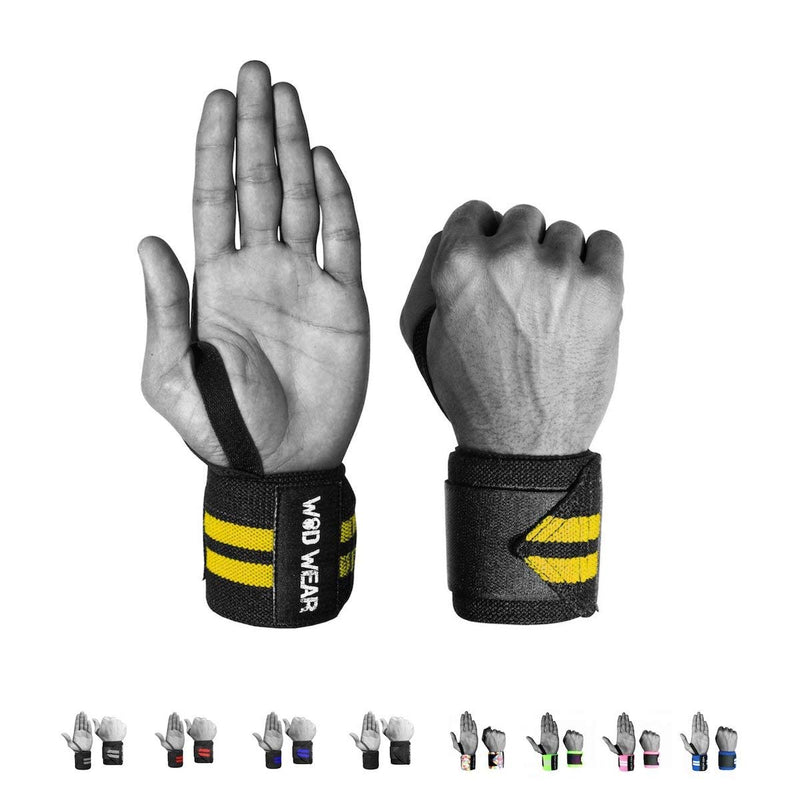 WOD Wear Elastic Wrist Wraps for Powerlifting, Strength Training, Bodybuilding, Cross Training, Olympic Weightlifting, Yoga Support - One Size Fits All - 100% Black // Yellow Stripes - NewNest Australia