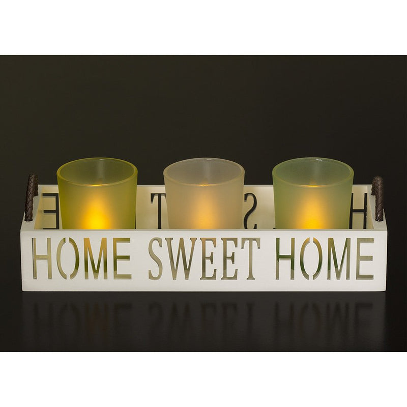 NewNest Australia - Dawhud Direct Home Sweet Home 3 Glass Candle Holder Set, LED Tealights and Decorative Tray 