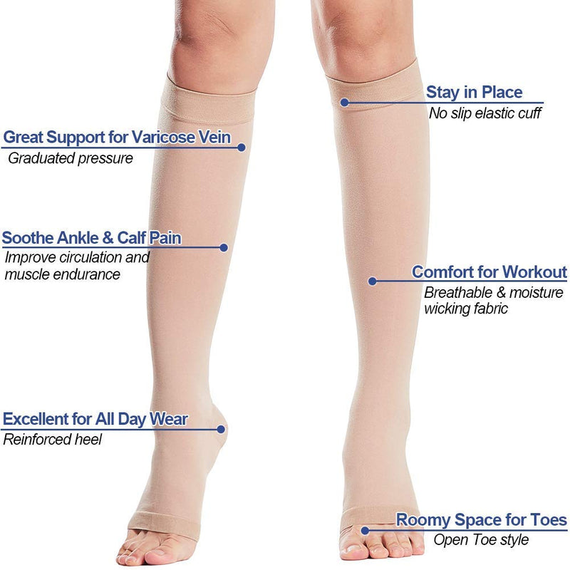 Beister Medical Open Toe Knee High Calf Compression Socks for Women & Men, Firm 20-30 mmHg Graduated Support Hosiery for Varicose Veins, Edema, Flight, Pregnancy （A Pair） Beige M - NewNest Australia