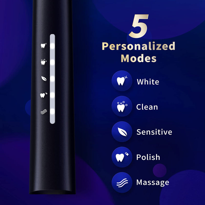 Sonic Electric Toothbrush, Rechargeable Power Toothbrush with 8 Duponts Brush Heads, Sonic Toothbrushes 40000Vpm with 2 Minute Smart Timer, 5 Modes with Teeth Whitening, Gift for Family, Black - NewNest Australia