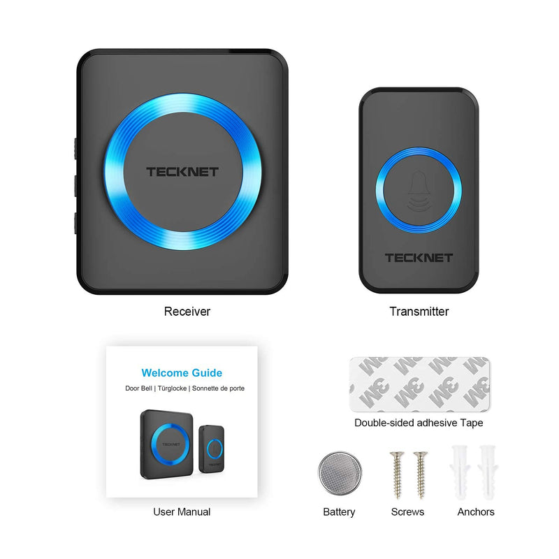 TECKNET Wireless Doorbell for Home, Classroom Doorbell Plug-in Cordless Door Chime Kit With 1300ft Range, 38 Chimes, 4 Level Volume, No Batteries Required for Receiver(1-2, Black) 1 Receivers + 1 Button - NewNest Australia