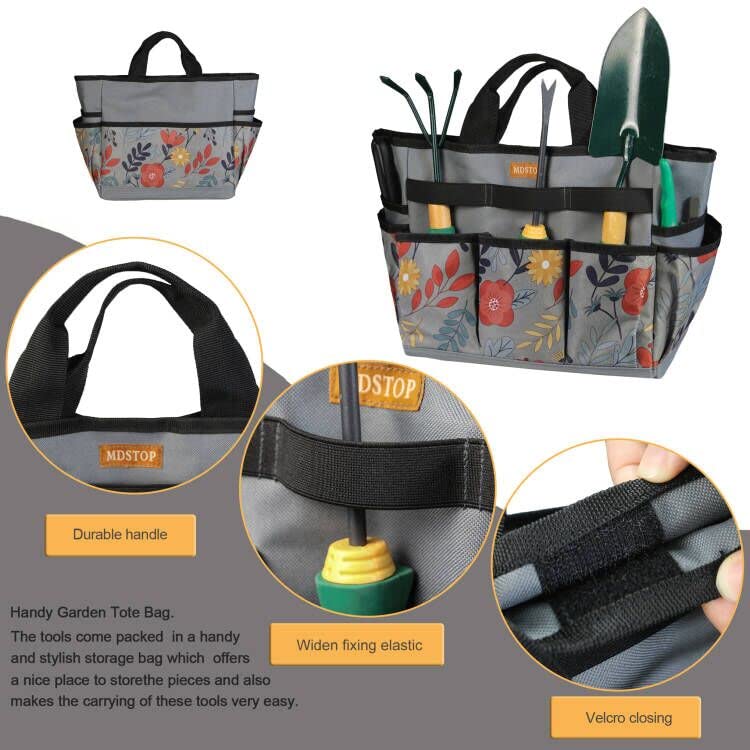 MDSTOP Garden Tool Bag, Garden Tool Kit Holder Home Organizer Storage Carrier, Oxford Garden Hand Tool Storage Tote Organizer with Handle and 8 Roomy Pockets, Floral Gardening Gift, Tools Not Included Grey - NewNest Australia
