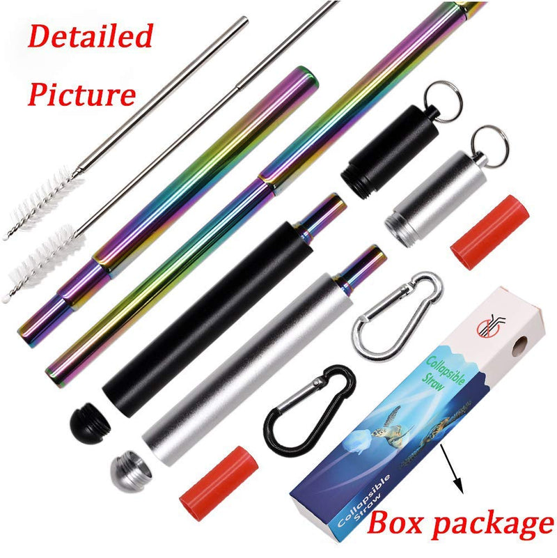 RZJZGZ 2 Pack Telescopic Reusable Straw, Collapsible Stainless Steel Straws, Portable Metal Drinking Straws with Aluminum Key-Ring Case & Cleaning Brush for Travel, Home, Work (Black and Silver) Black and Silver - NewNest Australia