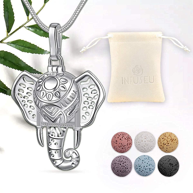INFUSEU Aromatherapy Jewellery Essential Necklaces, anxiety relief Oils Diffuser for Women Girls, Silver Plated Wise Big Eye Owl Locket Pendant with 24" Chain & 7 Reusable Lava Beads elephant - NewNest Australia